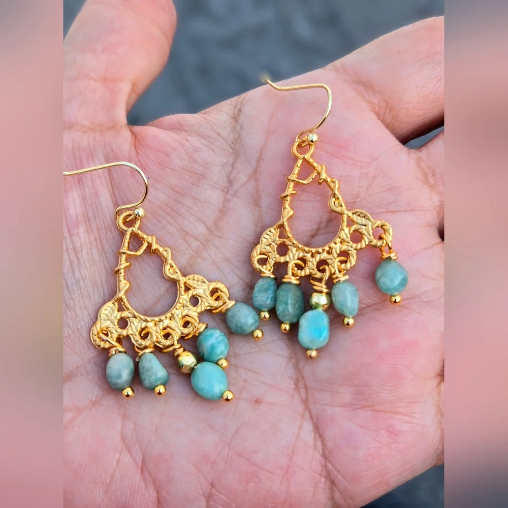 Amazon's Stone Of Hope  Amazonite In Mystical Filligree Gold Plated Earrings